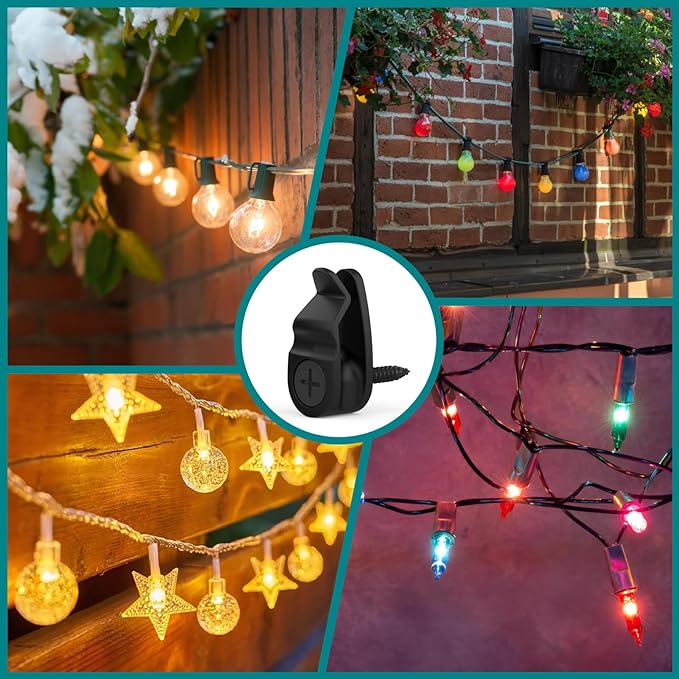 Outdoor String Lights Clips, Weatherproof Cable Hanger Hooks for Hanging Fairy Lights, Holiday Decor - Black, 50 Pack