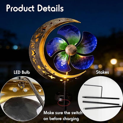 Solar Powered Wind Spinner Stake Light, Warm White LED Moon & Flower Windmill Light, Waterproof Solar Pathway Light for Outdoor Yard, Lawn, Patio, Walkway Decor