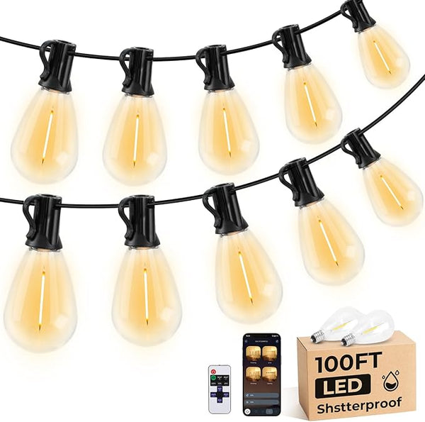100FT S11 LED Outdoor String Lights with App & Remote, Low-Voltage Patio Lights with Music Sync, 4 Lighting Modes | Lumora