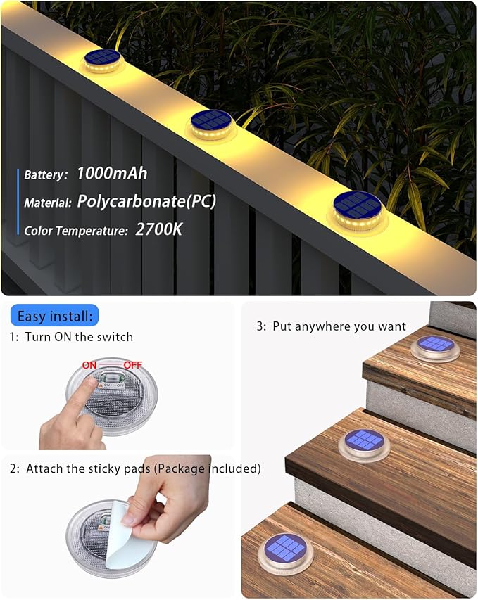 Solar Step Lights Outdoor Waterproof, 4 Pack Warm White Flat Lights Solar Powered for Outside Stair, Deck, Dock | Lumora