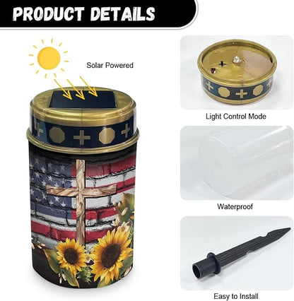 US Flag-Cross-Sunflower Solar Garden Lights Outdoor LED Lantern Pathway Stake Lights Solar Waterproof Solar-Powered Fairy Lights for Outside Landscape Lighting,Wall Light Auto On/Off