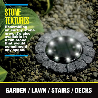 Bell+Howell Disk Lights Solar Ground Lights Stone Dark Gray -Upgraded Wireless Solar Garden Waterproof Lighting 8 LED Bulbs for Patio, Garden, Yard, 4 Packs, As Seen On TV