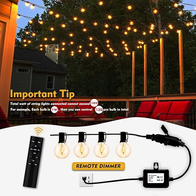 120W(Max) Remote Dimmer Timer Function Plug in for All Outdoor String Lights, Patio Lights, Led Lamp, Lamp in 100FT | Lumora