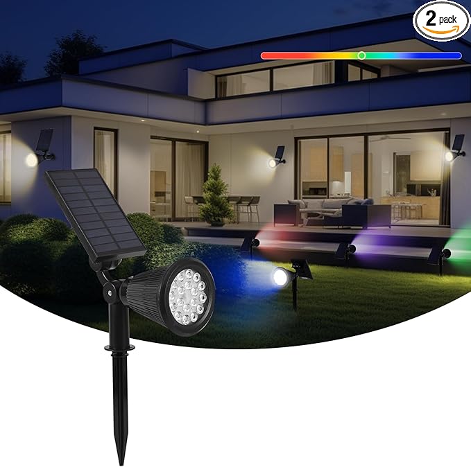 Solar Spot Lights Outdoor, 2-in-1 Wall Mount & Ground Stake 18 LEDs with 2 Lighting Modes, 7 Colors Changing, IP65 | Lumora