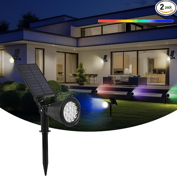 Solar Spot Lights Outdoor, 2-in-1 Wall Mount & Ground Stake 18 LEDs with 2 Lighting Modes, 7 Colors Changing, IP65 | Lumora