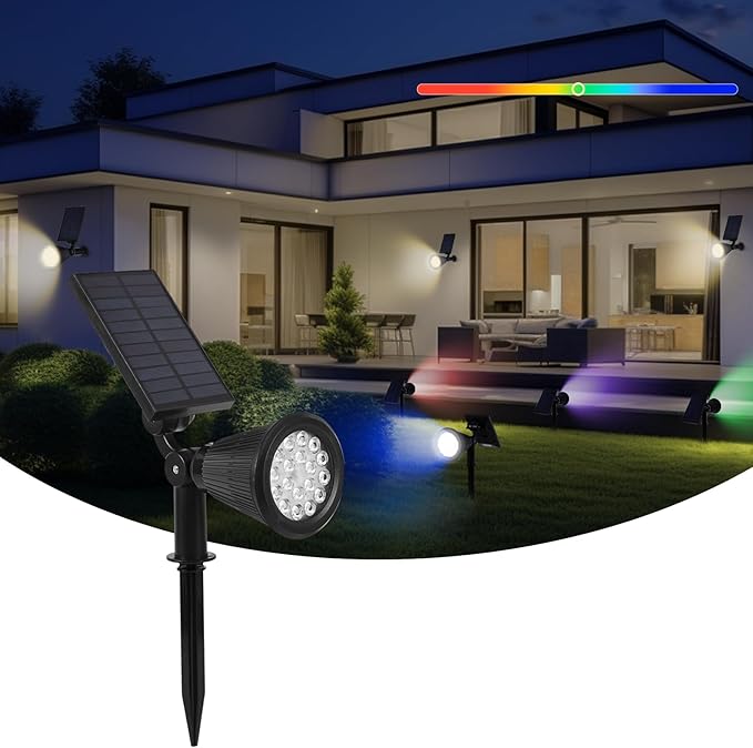 Solar Spot Lights Outdoor, 2-in-1 Wall Mount & Ground Stake 18 LEDs with 2 Lighting Modes, 7 Colors Changing, IP65 | Lumora