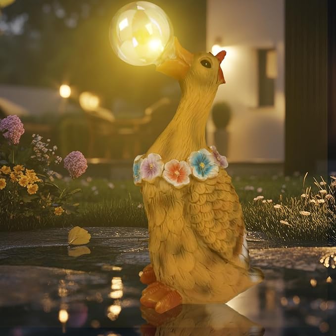 Porch Goose Statue with Solar Bubble Light Garden Yellow Figurine Decor for Yard Lawn Patio Outdoor Decorations Housewarming Gifts for Mom Grandma Women