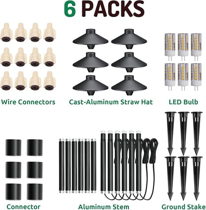 Lumina Lighting® Low Voltage Landscape Lighting Cast-Aluminum Path and Area Light Warm White 3W G4 LED Bulb and ABS Ground Stake Included for Yard Walkway Lawn PAL0106-BkLED6 (Black,6-Pack)