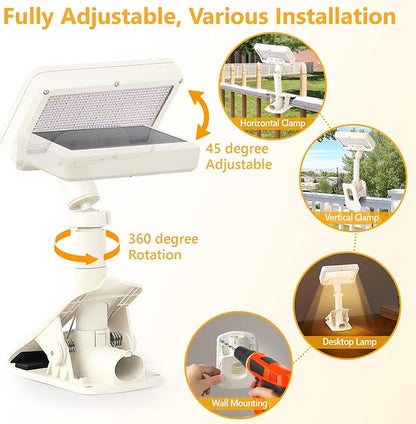 Clip On Solar Lights Outdoor with Motion Sensor, 360°Rotatable & Vertically Adjustable Solar Fence Lights with 92 LEDs (600 LM, 3000 K),IP65 Waterproof Security Light for Deck, Gutter（White, 2 Pack）