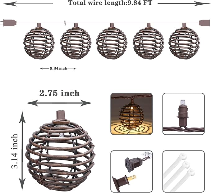 Vigdur Rattan Ball String Lights, Brown Plug in Decorative Lights with 10 Rattan Bulbs, Connectable Patio String Lights for Home, Garden, Backyard & Cottagecore Decor(9.84FT)