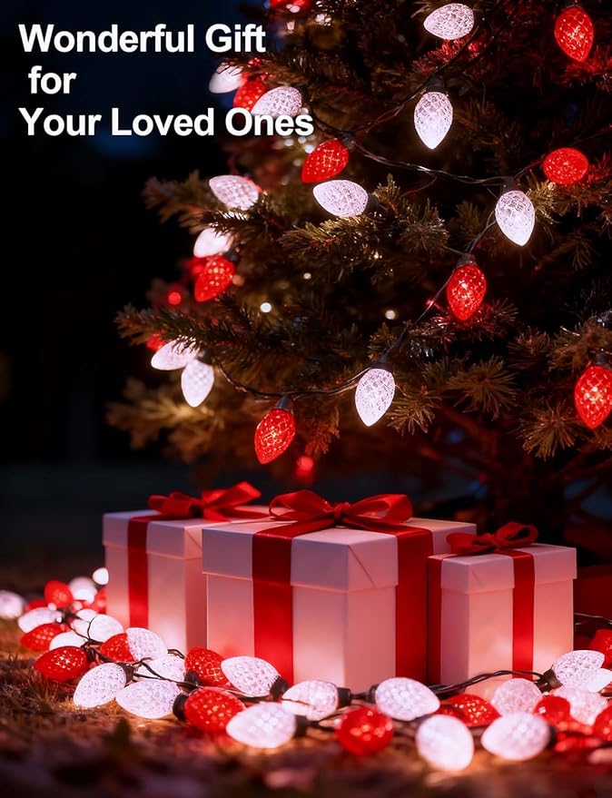 C9 Ultra Bright Solar Christmas Lights 50 LED Red White String Lights Strawberry Flower Design Outdoor Waterproof with 8 Modes for Valentine's Day Wedding Centerpiece Decoration