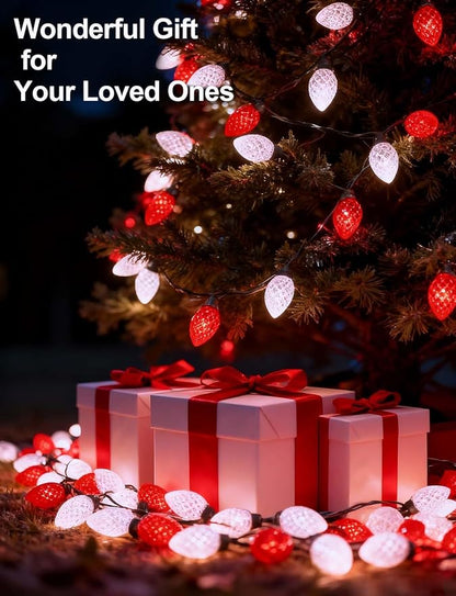 C9 Ultra Bright Solar Christmas Lights 50 LED Red White String Lights Strawberry Flower Design Outdoor Waterproof with 8 Modes for Valentine's Day Wedding Centerpiece Decoration