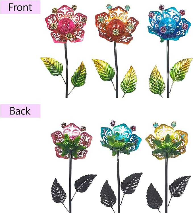 Adeco Flower Solar Lights Outdoor Garden Decor 37 inch Metal Garden Stake Lights with Crackle Globe Glass and Large Solar Panel Waterproof for Ground Patio Lawn Pathway Flowerbed