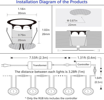 LED Outdoor Deck Lights, Φ30mm 3CCT Low Voltage 12V, 16 Pack Black IP65 Waterproof, Electric Wired Mini Recessed Under Landscape Lighting for Yard Stair Step Floor Riser