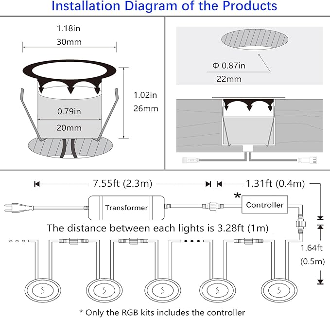 LED Outdoor Deck Lights with Photocell, RGB Φ1.18in Low Voltage 12V DC IP67 Waterproof, Remote Dimmable Multi Color Change, Electric Wired Recessed Stair Step Landscape Lighting, 8 Pack Black