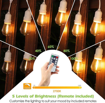 96FT(2 * 48FT) Outdoor String Lights with Remote, Dimmable Patio Lights with 30+4 3 Modes 4 Timers LED Bulbs for Deck Gazebo, White 2 Pack