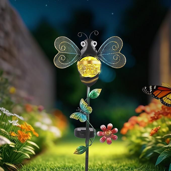 Solar Bee Garden Stakes Lights Outdoor Waterproof Metal Garden Stakes Decorative Bee Decor for Outside Yard Lawn Patio Decorations Whimsical Solar Lights Outdoor Housewarming Gardening Gifts for Women