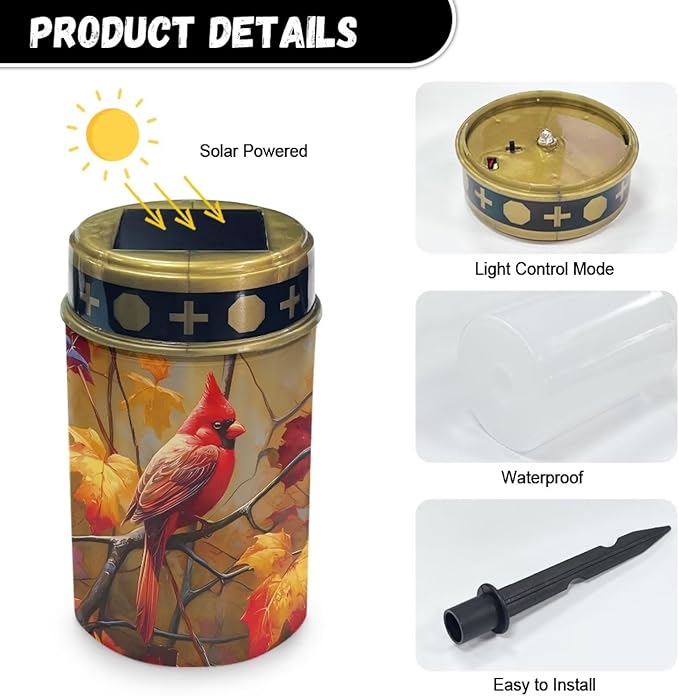 Cemetery Solar Lights for Grave Cardinal Bird Grave Decorations for Cemetery Auto On/Off LED Solar Light for Cemetery Decor Memorial Gifts 2 Pack