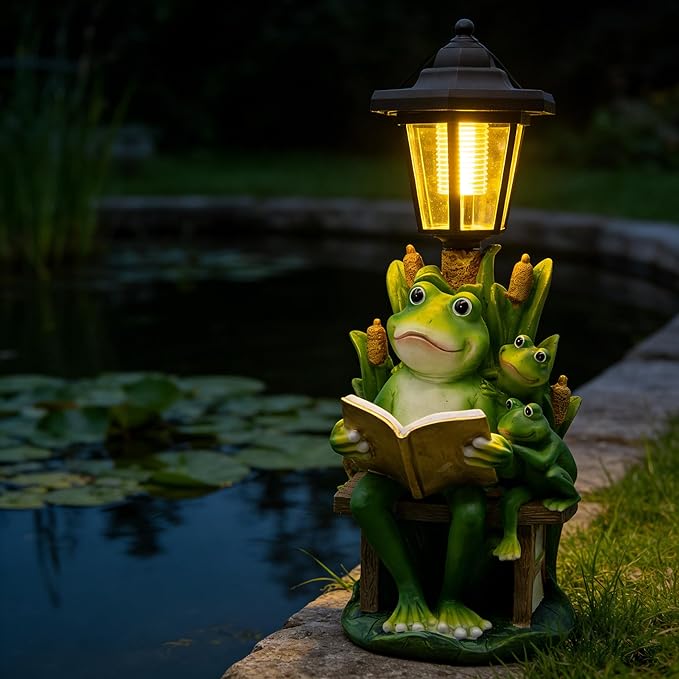 Solar Frog Garden Statue for Outdoor Decor with Lantern - Lawn Decoration 16“ Tall Frog Figurine Lights for Patio | Lumora