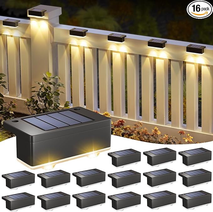 Solar Deck Light, 16 Packs LED Solar Step Lights Outdoor Waterproof, Solar-Powered Fence Lighting 3 Color Modes for Stairs Yard Garden Pathway
