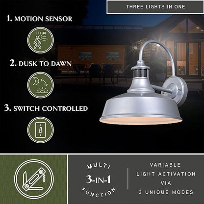 VAXCEL Dorado Outdoor Steel Wall Light with Motion Sensor, 12" W x 12.25" H Rustic Farmhouse Gooseneck Wall Sconce for Porch, Patio, Deck, or Front Door, Silver
