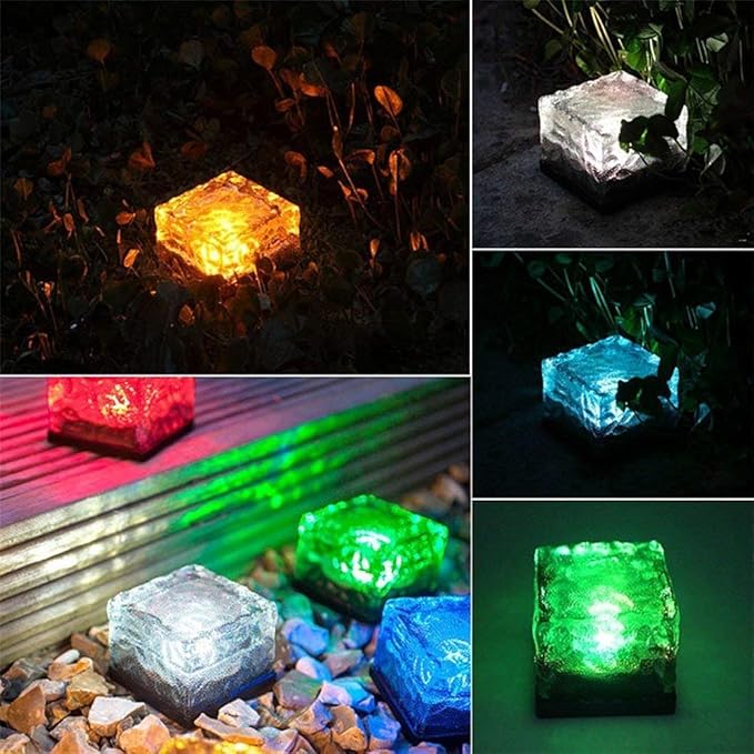 4 Pack Solar Path Ice Cube Lights Outdoor, Waterproof Glass LED Glass Clear Brick in-Groud Buried Festive Light Night Lamp for Garden Courtyard Pathway Patio Pool Pond Decoration(RGB)