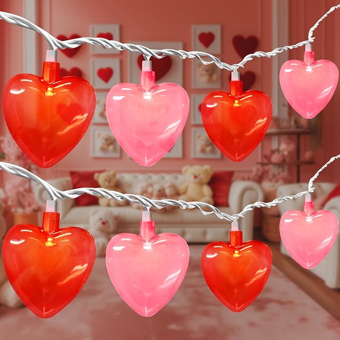 8.5Ft Valentines Day Decorations, Red & Pink Heart String Lights with 10 LED Clear Red and Pink Heart Lights | Lumora