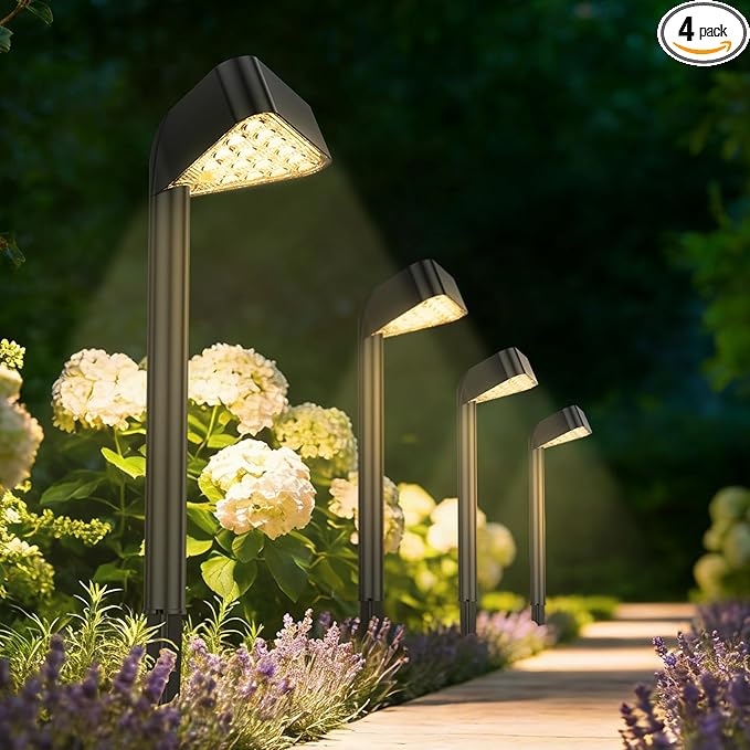 Solar Pathway Lights Outdoor, 4 Pack, 15 LED Brighter Solar Path Lights Waterproof with Upgraded Solar Panel, Up to 12Hrs Modern Landscape Lights for Backyard Garden Walkway Driveway Patio Lawn Decor