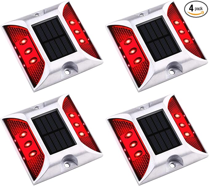 Aolyty Solar Driveway Dock Lights, IP68 Waterproof Solar Deck Light Outdoor Warning Step Lights Reflective Road Marker for Sidewalk Stair Garden Pathway Walkway (4 Pack, Red)