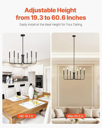VEVOR 6-Light Chandelier, Metal Farmhouse Chandelier, Adjustable Height, Dining Room Hanging Light Fixture for Ceilings, Modern Chandelier for Bedroom, Foyer, Hall, Kitchen, Living Room and Entryway