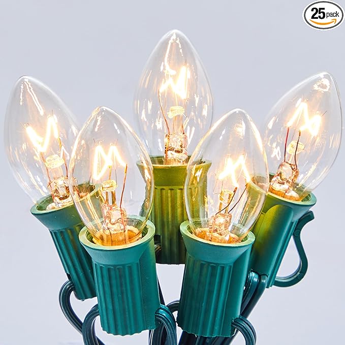 Brightown C7 Christmas Lights Outdoor 25 Feet Warm White Christmas Lights String Green Wire for Room Roofline House Garden Patio Backyard Cafe Party Xmas Home Decorations, 25 Clear Bulbs