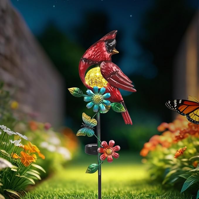 Cardinal Decor Solar Garden Stakes Outdoor Decorative Waterproof Metal Garden Sculpture Cardinal Solar Lights for Outside Lawn Yard Patio Cemetery Decoration Red Bird Gardening Gifts for Women