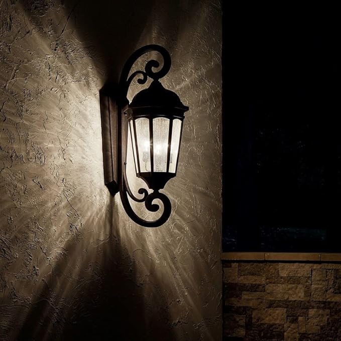 Kichler Courtyard 40.50" 3 Light Outdoor Wall Light with Clear Seeded Glass in Textured Black | Lumora