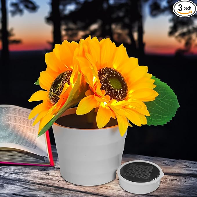 Solar Sunflower Bonsai Lamp, LED Artificial Flower Lamp Sunflower Solar Lights Outdoor Waterproof, Flower with Vase Garden Decor Table Light for Back Yard Decorations