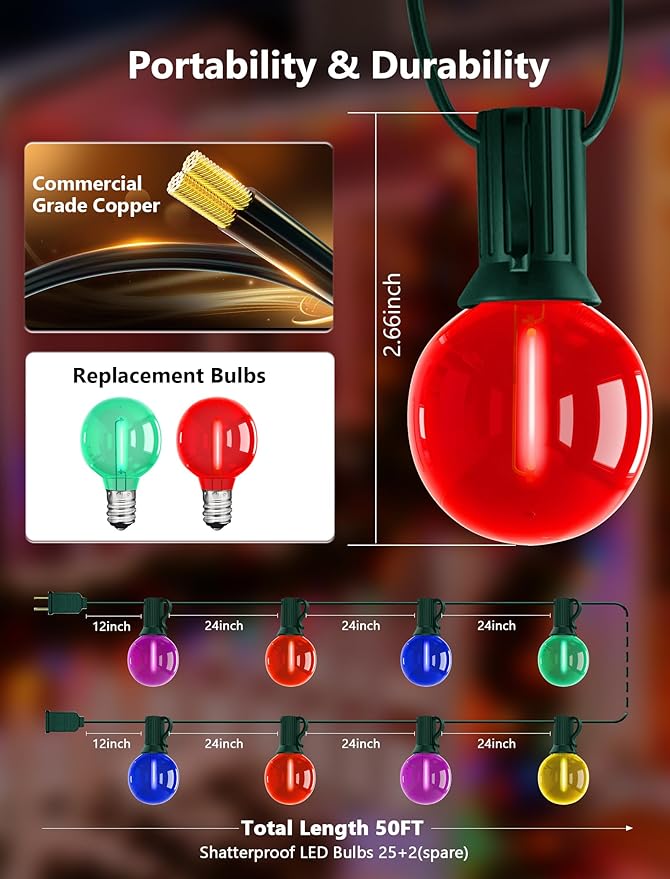 50Ft G40 Multicolor Christmas Lights Outdoor, Outdoor Christmas String Lights with 27 G40 LED Globe Colored Bulbs | Lumora