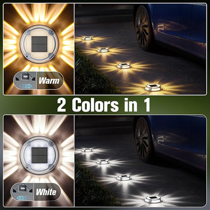VOLISUN Solar Driveway Deck Lights Dock Marine Lights,12 Pack Solar Ground Light 2 Colors in 1 led Waterproof,Driveway Marker Light for Pathway Warning Step (White/Warm White),Auto On/Off