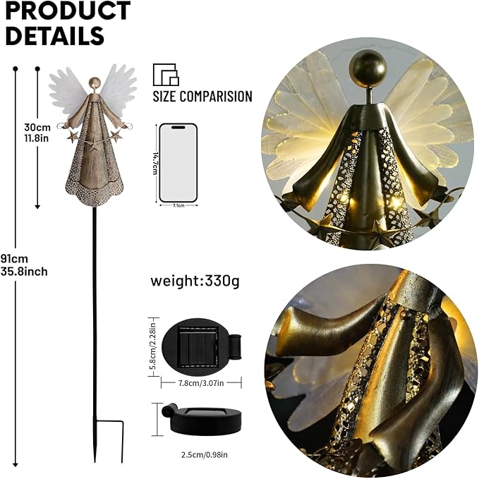 Solar Angel Garden Lights, Outdoor LED Metal Decor, Waterproof Pathway, Lawn Lighting, Unique Gift for Women, Mom | Lumora