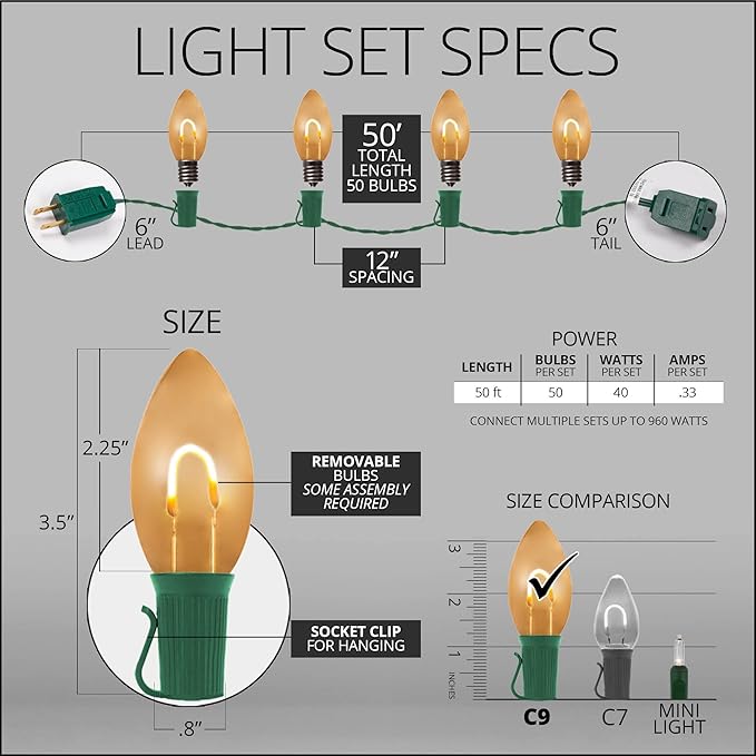 Wintergreen Lighting 50' FlexFilament LED C9 Warm White Christmas Lights, Shatterproof Edison String Lights Christmas Outdoor Lights