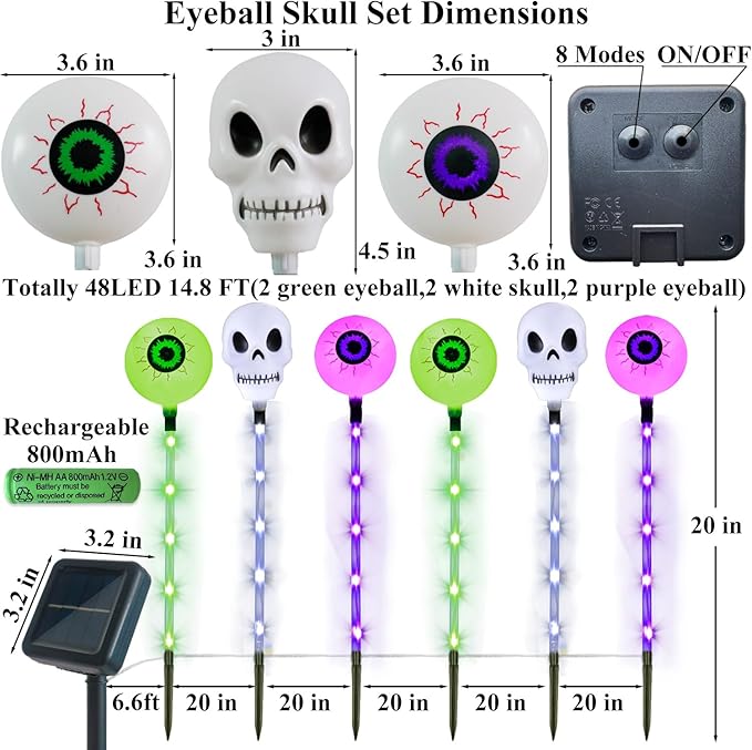 Halloween Decorations Outdoor Solar Garden Lights,6 Pack Scary Eyeball Skull Outside Decor,8 Modes Solar Halloween Lights for House Grave Patio Yard Lawn Pathway Halloween Party Ghost Decor