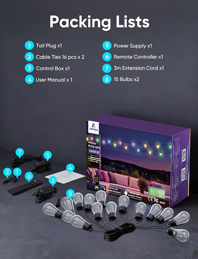 APPECK Smart Outdoor String Lights, 100ft RGBW Outdoor Patio Lights with 30 LED Bulbs, Extendable, 111 Scene Modes, IP65 Waterproof Lighting for Outside, Halloween Decor, Compatible with Alexa