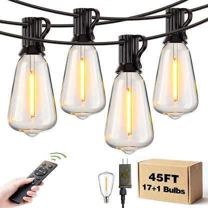 Outdoor String Lights Dimmable Waterproof with Remote, 45FT 17 Shatterproof ST38 Edison LED Bulbs Hanging Outside Light for Patio, Backyard, Porch, Deck, Balcony, Garden