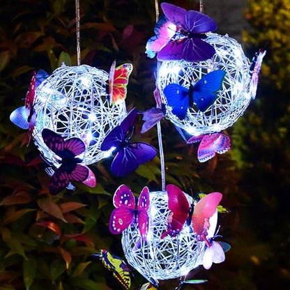 Solar Lighted Hanging Mesh Orb with LED Colorful Butterfly Roaming Light Solar Garden Patio Hanging Ball Home Outdoor Yard Ornament