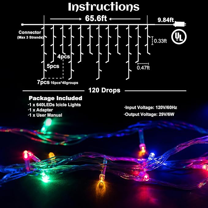 Icicle lights Outdoor - 66ft Christmas Lights with 640LED 120 Drops 8 Modes, Plug in Curtain String Lights | Lumora