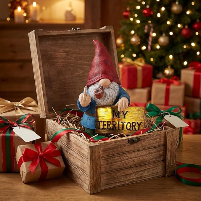 Lavezee Funny Garden Gnome, Middle Finger Gnomes Statue with Solar Lighted Sign – “My Territory” for Patio Backyard Porch Outdoor, Humorous Housewarming Birthday Gifts for Men Dad Husband