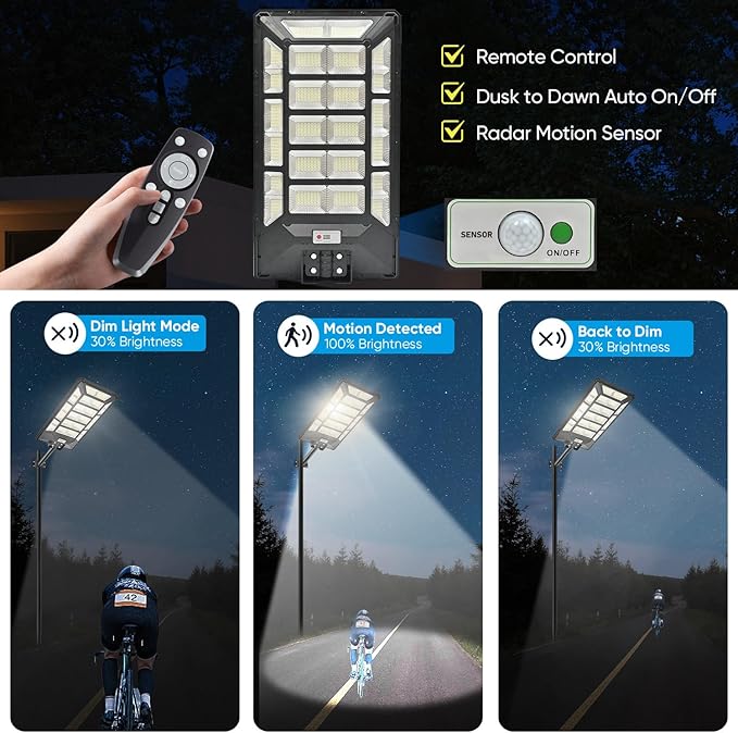 6000W Solar Street Lights Outdoor 600000LM 1028 Beads Commercial Parking Lot Lights Dusk to Dawn Waterproof Solar Security Flood Lights with Motion Sensor and Remote for Road Yard Driveway
