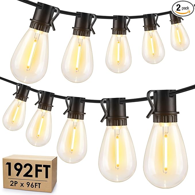 192FT(2x96FT) LED Outdoor String Lights, Patio Lights with 60+3 Shatterproof Waterproof 2700K Dimmable Bulbs | Lumora