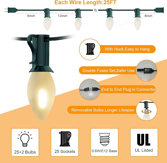 Abeja C7 LED Christmas Lights, 25Ft C7 Frosted White String Lights with 27 Vintage Incandescent Bulbs (E12 Base, 0.6W) Christmas Vintage String Light for Backyard Porch Balcony Party Decor