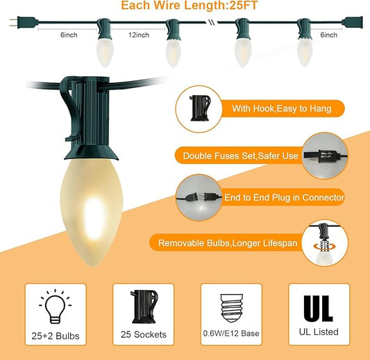 Abeja C7 LED Christmas Lights, 25Ft C7 Frosted White String Lights with 27 Vintage Incandescent Bulbs (E12 Base, 0.6W) Christmas Vintage String Light for Backyard Porch Balcony Party Decor