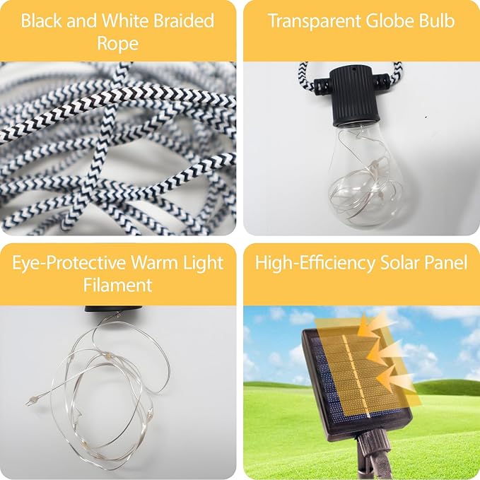 SunLit Solar Fairy String Lights - 20 LED Warm White Lights with Black & White Braided Cord, 2m Extension Cable, IP44 Waterproof Outdoor String Lights for Patio, Garden, Party & Christmas Decor