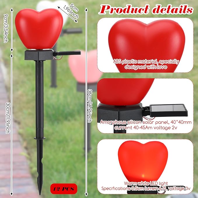 12 Pack Valentine‘s Day Solar Lights, Heart Waterproof Solar Lights for Yard, Landscape Garden LED Heart Light | Lumora